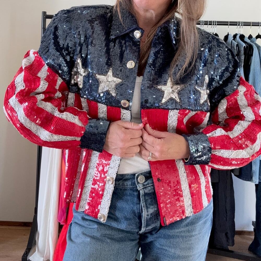 Vintage 80s Modi Women's Small Sequin American Flag Jacket 4th of July Glam